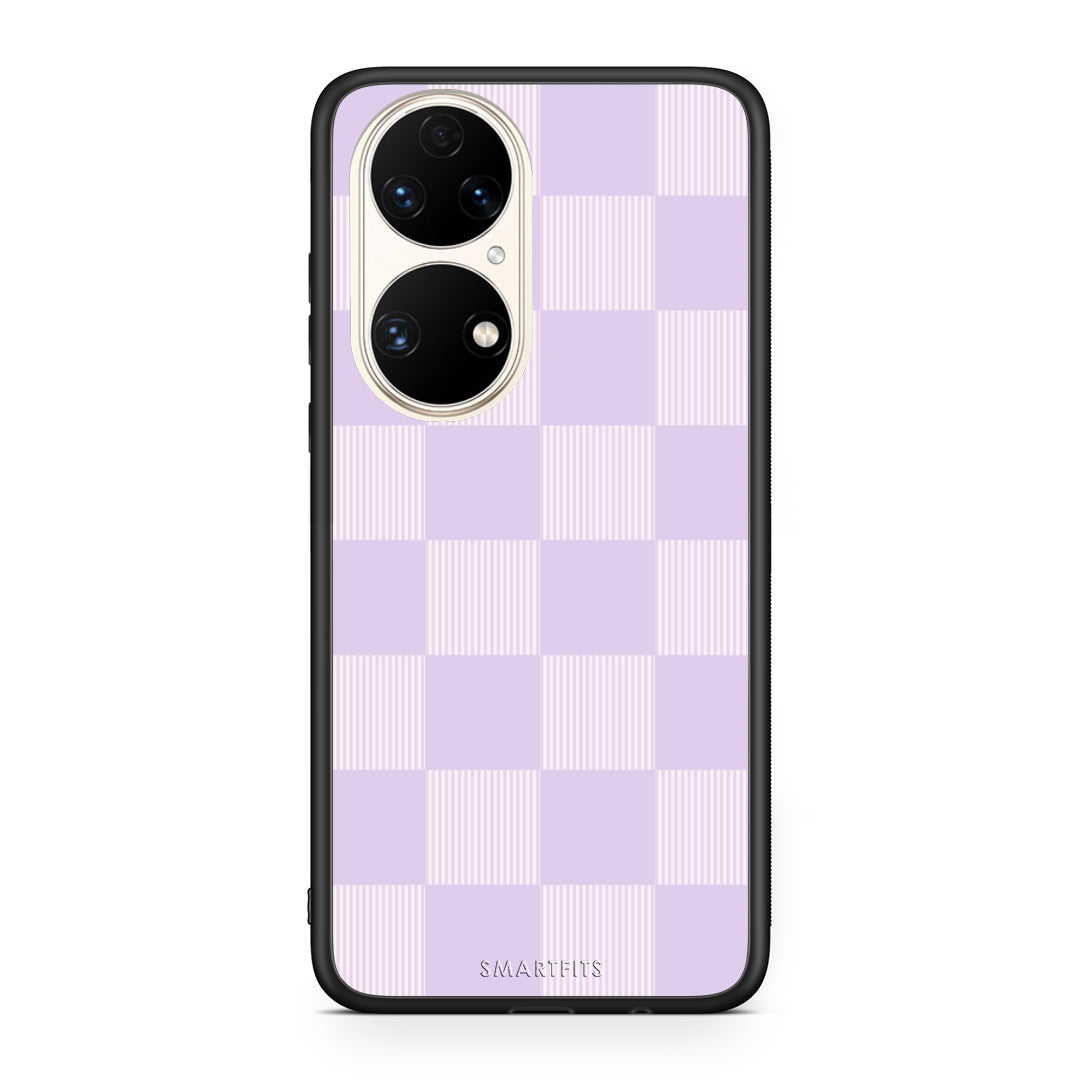 Θήκη Huawei P50 Lilac and Cream Striped Checks από τη Smartfits με σχέδιο στο πίσω μέρος και μαύρο περίβλημα | Huawei P50 Lilac and Cream Striped Checks case with colorful back and black bezels