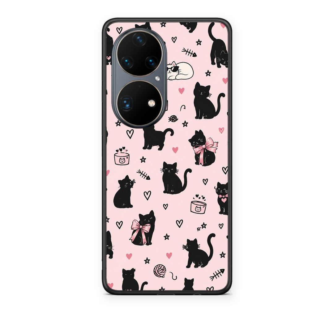 Θήκη Huawei P50 Pro Black Cat Doodles on Pink από τη Smartfits με σχέδιο στο πίσω μέρος και μαύρο περίβλημα | Huawei P50 Pro Black Cat Doodles on Pink case with colorful back and black bezels