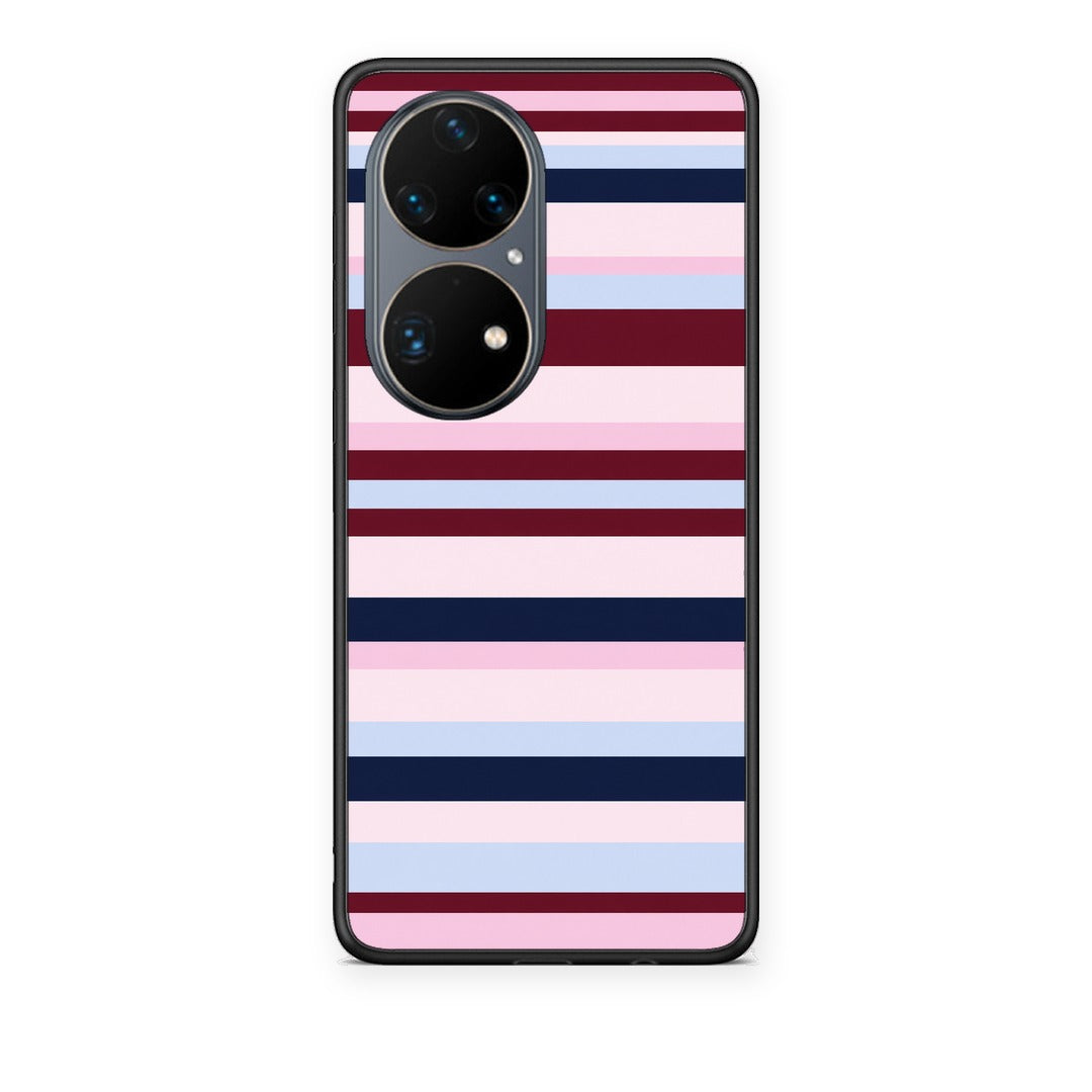 Θήκη Huawei P50 Pro Burgundy Pink and Blue Horizontal Stripes από τη Smartfits με σχέδιο στο πίσω μέρος και μαύρο περίβλημα | Huawei P50 Pro Burgundy Pink and Blue Horizontal Stripes case with colorful back and black bezels
