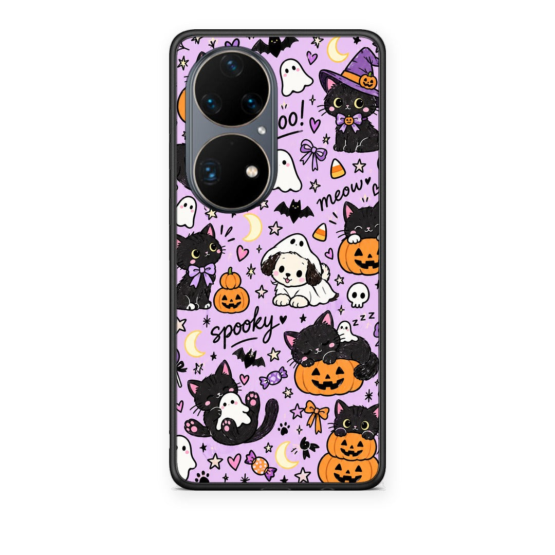Θήκη Huawei P50 Pro Halloween Black Cats on Lilac από τη Smartfits με σχέδιο στο πίσω μέρος και μαύρο περίβλημα | Huawei P50 Pro Halloween Black Cats on Lilac case with colorful back and black bezels