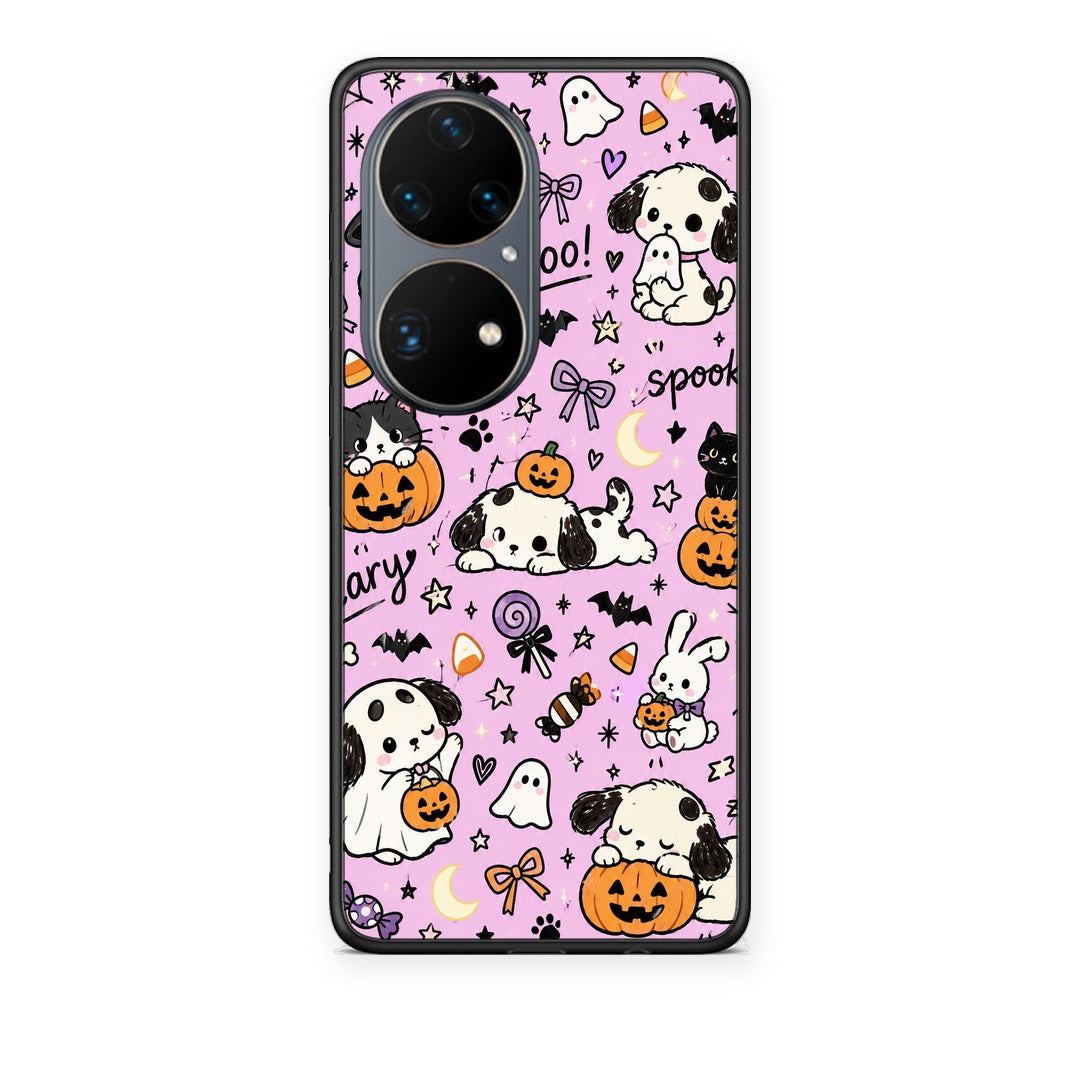 Θήκη Huawei P50 Pro Halloween Puppies and Friends on Lilac από τη Smartfits με σχέδιο στο πίσω μέρος και μαύρο περίβλημα | Huawei P50 Pro Halloween Puppies and Friends on Lilac case with colorful back and black bezels