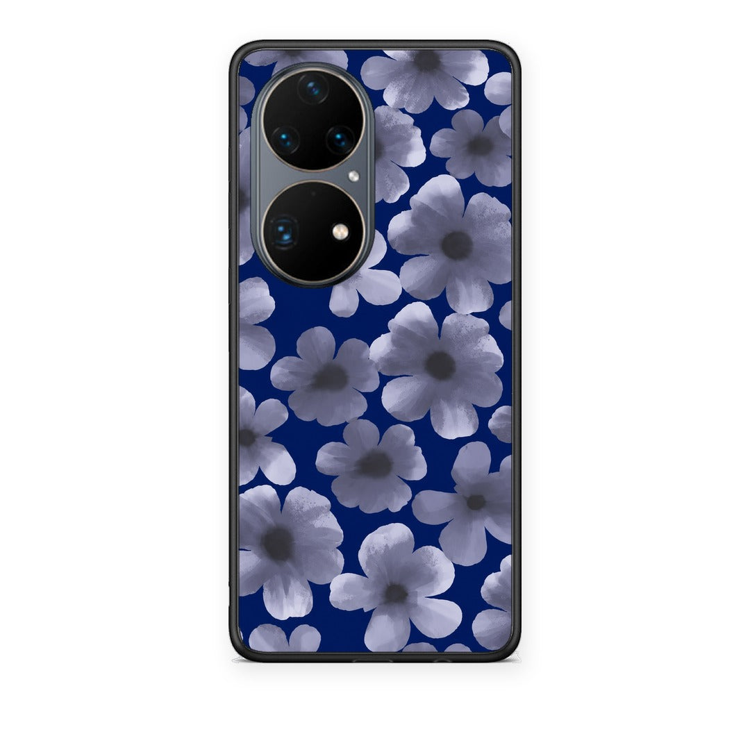 Θήκη Huawei P50 Pro Pale Blue Flowers on Navy από τη Smartfits με σχέδιο στο πίσω μέρος και μαύρο περίβλημα | Huawei P50 Pro Pale Blue Flowers on Navy case with colorful back and black bezels