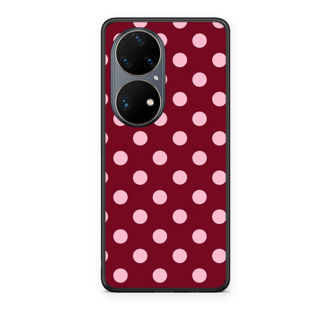 Θήκη Huawei P50 Pro Pink Polka Dots on Burgundy από τη Smartfits με σχέδιο στο πίσω μέρος και μαύρο περίβλημα | Huawei P50 Pro Pink Polka Dots on Burgundy case with colorful back and black bezels