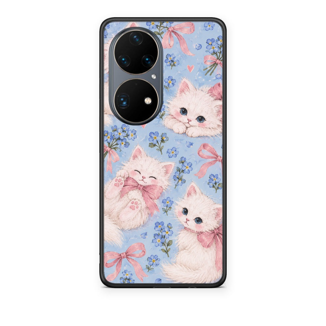 Θήκη Huawei P50 Pro White Kittens and Blue Flowers Large από τη Smartfits με σχέδιο στο πίσω μέρος και μαύρο περίβλημα | Huawei P50 Pro White Kittens and Blue Flowers Large case with colorful back and black bezels