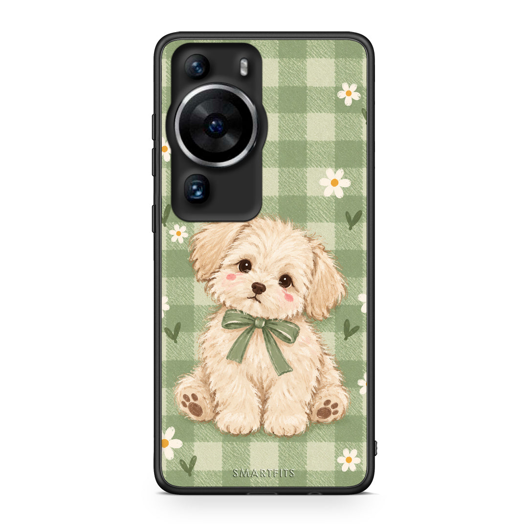 Θήκη Huawei P60 Pro Puppy and Daisies on Sage Gingham από τη Smartfits με σχέδιο στο πίσω μέρος και μαύρο περίβλημα | Huawei P60 Pro Puppy and Daisies on Sage Gingham case with colorful back and black bezels