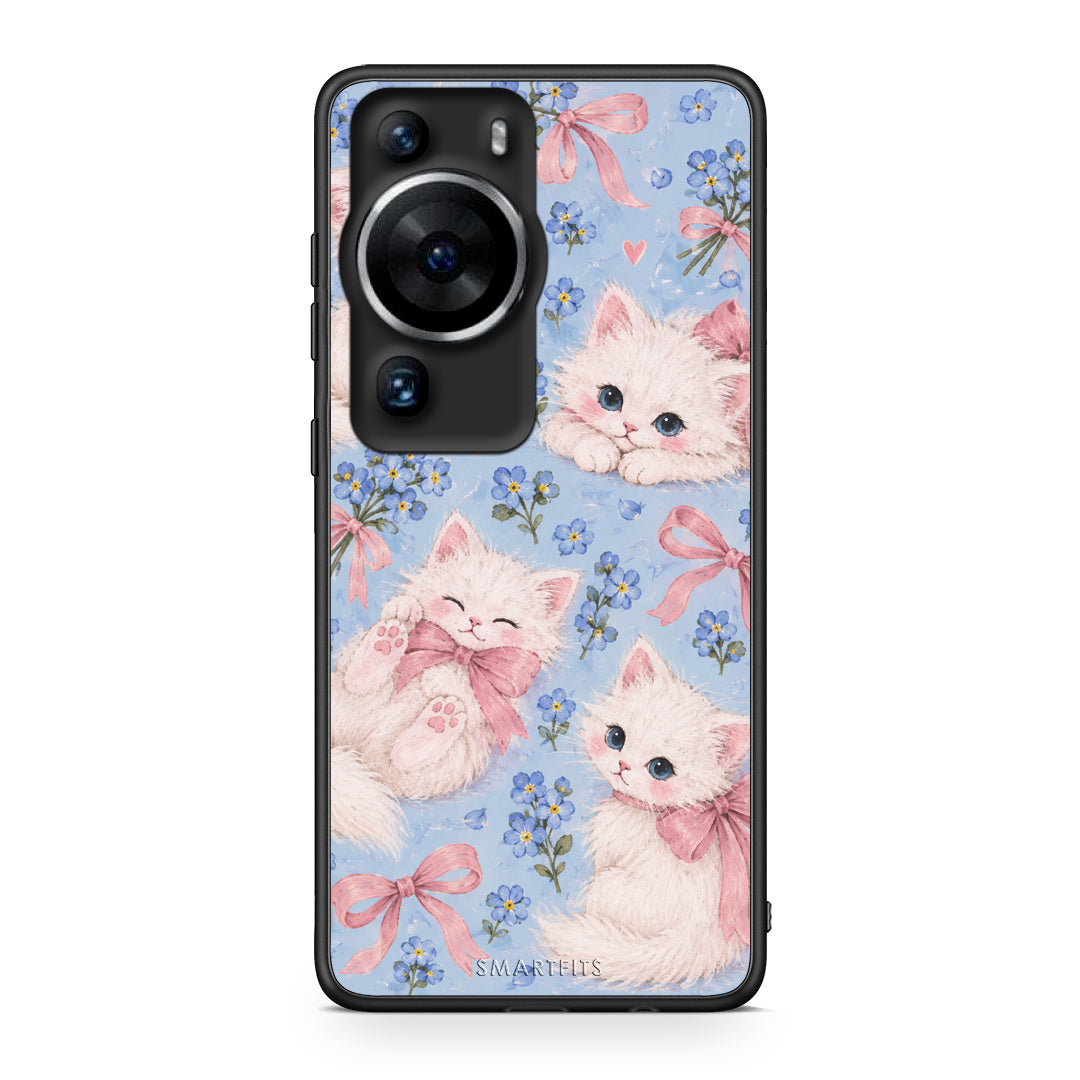 Θήκη Huawei P60 Pro White Kittens and Blue Flowers Large από τη Smartfits με σχέδιο στο πίσω μέρος και μαύρο περίβλημα | Huawei P60 Pro White Kittens and Blue Flowers Large case with colorful back and black bezels