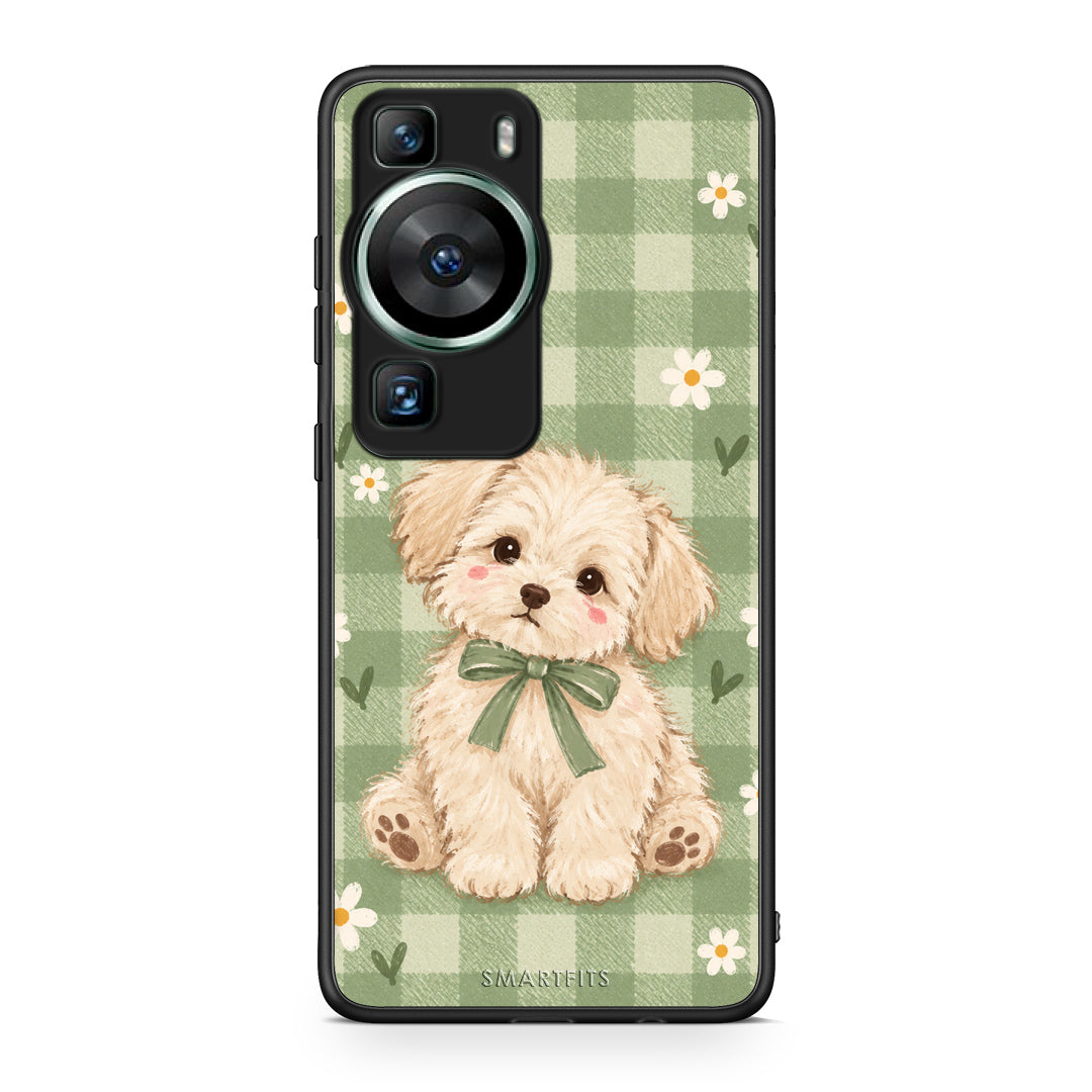 Θήκη Huawei P60 Puppy and Daisies on Sage Gingham από τη Smartfits με σχέδιο στο πίσω μέρος και μαύρο περίβλημα | Huawei P60 Puppy and Daisies on Sage Gingham case with colorful back and black bezels