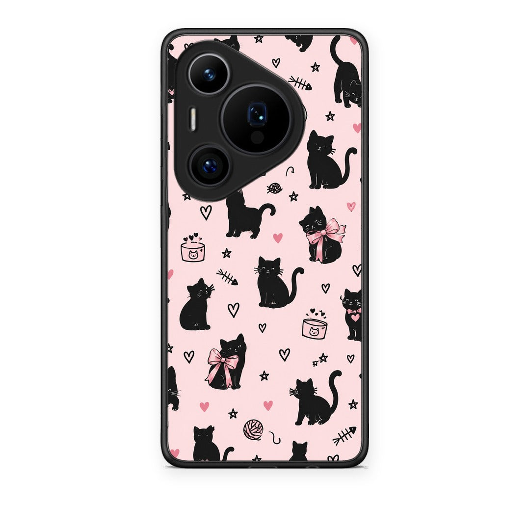 Θήκη Huawei Pura 70 Pro / 70 Pro+ Black Cat Doodles on Pink από τη Smartfits με σχέδιο στο πίσω μέρος και μαύρο περίβλημα | Huawei Pura 70 Pro / 70 Pro+ Black Cat Doodles on Pink case with colorful back and black bezels