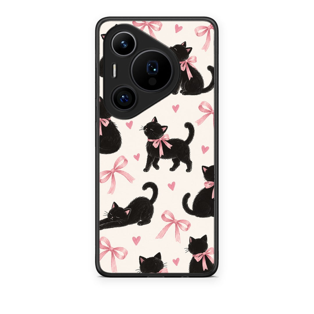 Θήκη Huawei Pura 70 Pro / 70 Pro+ Black Kittens and Pink Bows on Cream Large από τη Smartfits με σχέδιο στο πίσω μέρος και μαύρο περίβλημα | Huawei Pura 70 Pro / 70 Pro+ Black Kittens and Pink Bows on Cream Large case with colorful back and black bezels