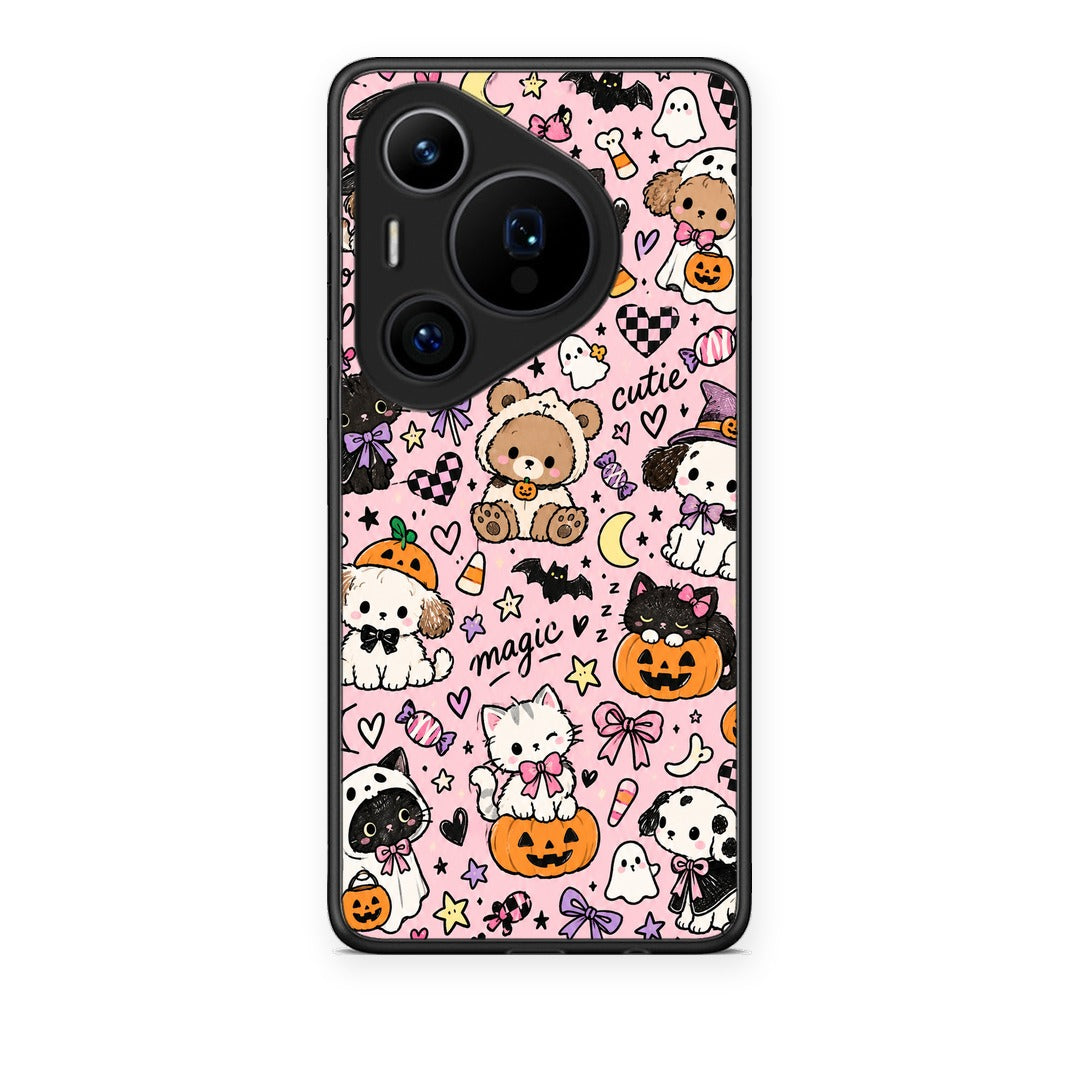 Θήκη Huawei Pura 70 Pro / 70 Pro+ Halloween Cute Animals on Pink από τη Smartfits με σχέδιο στο πίσω μέρος και μαύρο περίβλημα | Huawei Pura 70 Pro / 70 Pro+ Halloween Cute Animals on Pink case with colorful back and black bezels
