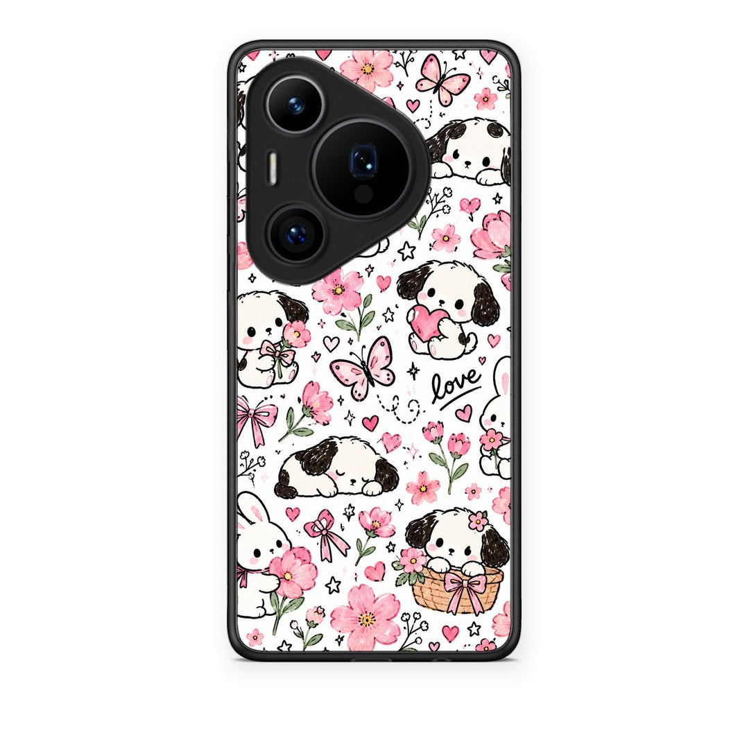 Θήκη Huawei Pura 70 Pro / 70 Pro+ Pink Florals Puppies and Bunnies on White από τη Smartfits με σχέδιο στο πίσω μέρος και μαύρο περίβλημα | Huawei Pura 70 Pro / 70 Pro+ Pink Florals Puppies and Bunnies on White case with colorful back and black bezels