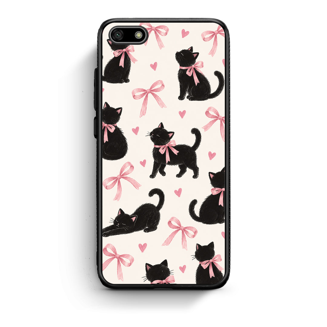 Θήκη Huawei Y5 2018 / Honor 7S Black Kittens and Pink Bows on Cream Large από τη Smartfits με σχέδιο στο πίσω μέρος και μαύρο περίβλημα | Huawei Y5 2018 / Honor 7S Black Kittens and Pink Bows on Cream Large case with colorful back and black bezels