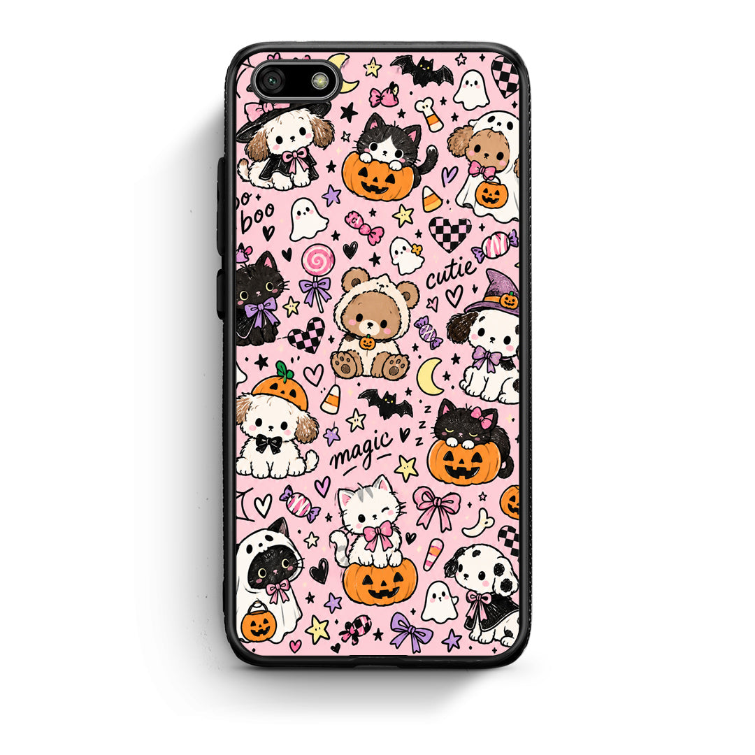 Θήκη Huawei Y5 2018 / Honor 7S Halloween Cute Animals on Pink από τη Smartfits με σχέδιο στο πίσω μέρος και μαύρο περίβλημα | Huawei Y5 2018 / Honor 7S Halloween Cute Animals on Pink case with colorful back and black bezels