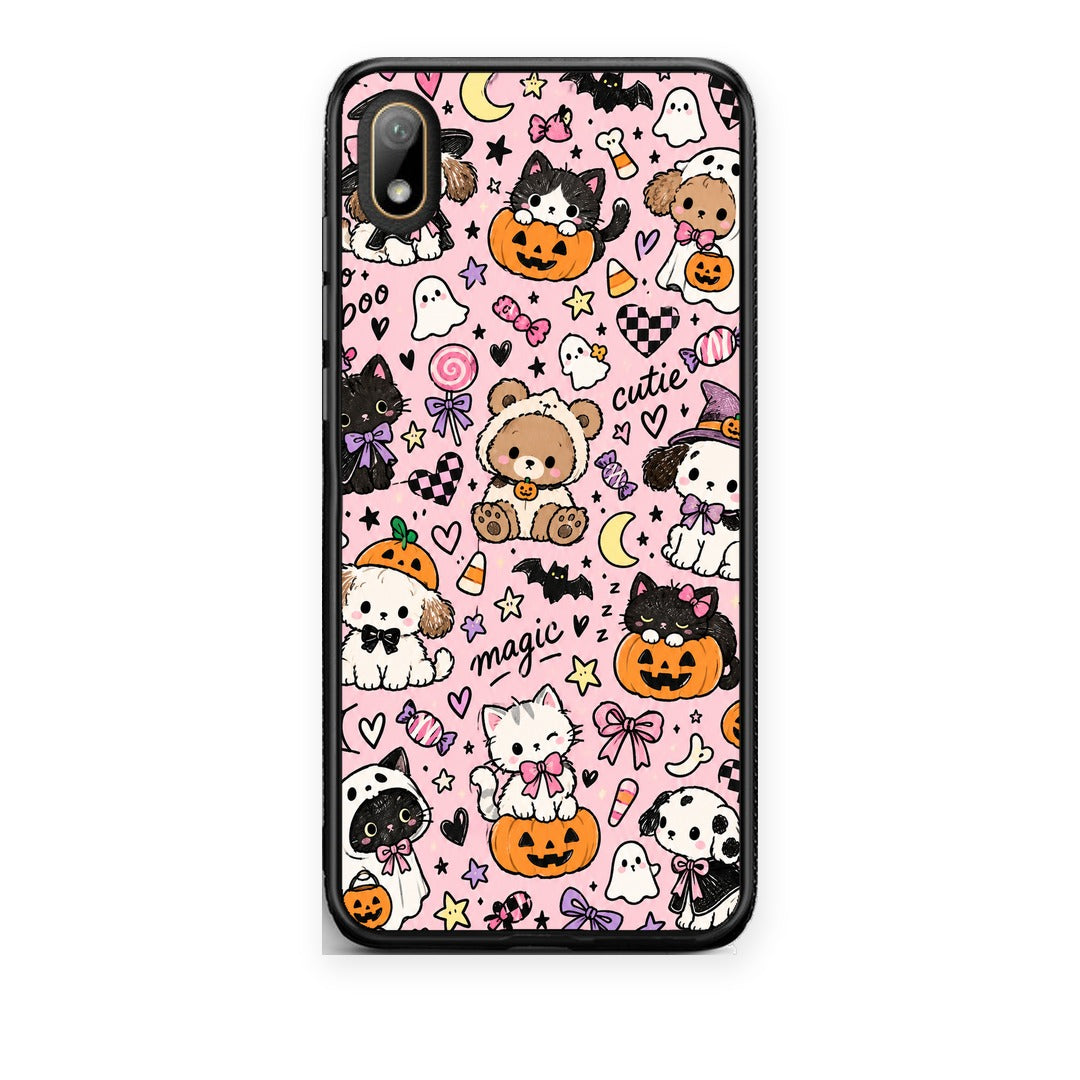 Θήκη Huawei Y5 2019 Halloween Cute Animals on Pink από τη Smartfits με σχέδιο στο πίσω μέρος και μαύρο περίβλημα | Huawei Y5 2019 Halloween Cute Animals on Pink case with colorful back and black bezels