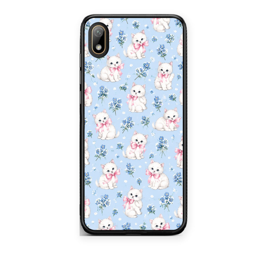 Θήκη Huawei Y5 2019 White Kittens and Blue Flowers Small από τη Smartfits με σχέδιο στο πίσω μέρος και μαύρο περίβλημα | Huawei Y5 2019 White Kittens and Blue Flowers Small case with colorful back and black bezels
