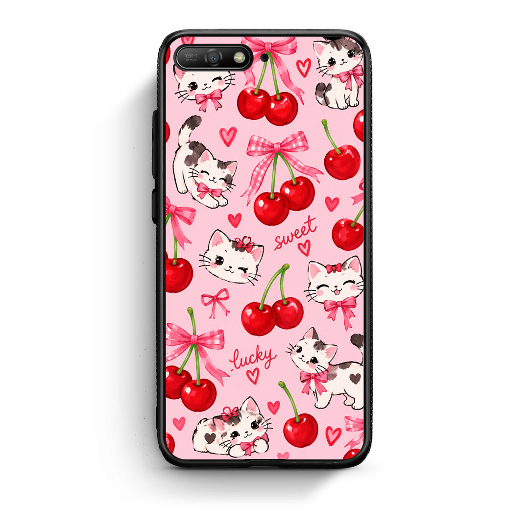 Θήκη Huawei Y6 2018 / Honor 7A Cherries Bows and Kittens on Pink από τη Smartfits με σχέδιο στο πίσω μέρος και μαύρο περίβλημα | Huawei Y6 2018 / Honor 7A Cherries Bows and Kittens on Pink case with colorful back and black bezels