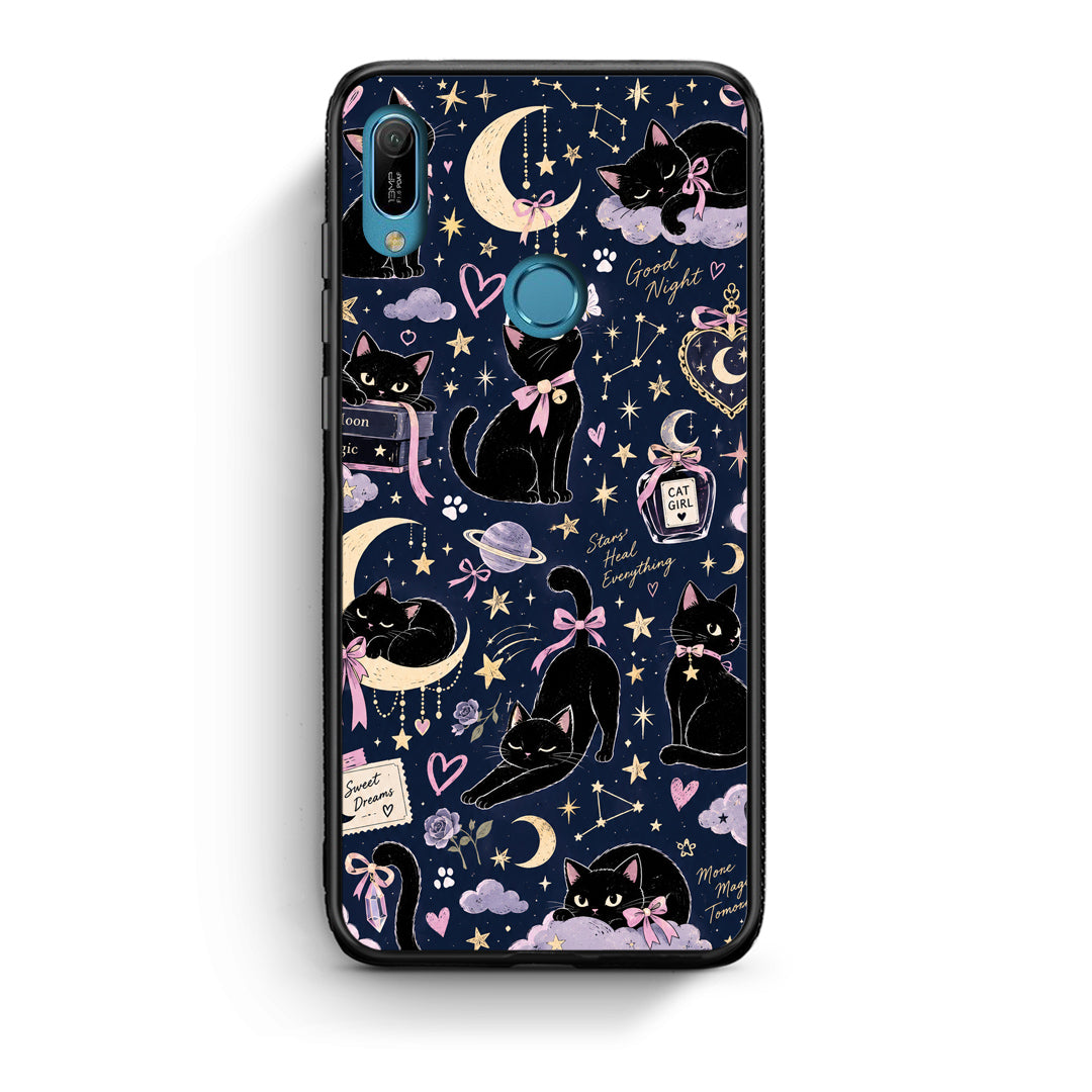 Θήκη Huawei Y6 2019 Celestial Black Cats on Navy από τη Smartfits με σχέδιο στο πίσω μέρος και μαύρο περίβλημα | Huawei Y6 2019 Celestial Black Cats on Navy case with colorful back and black bezels