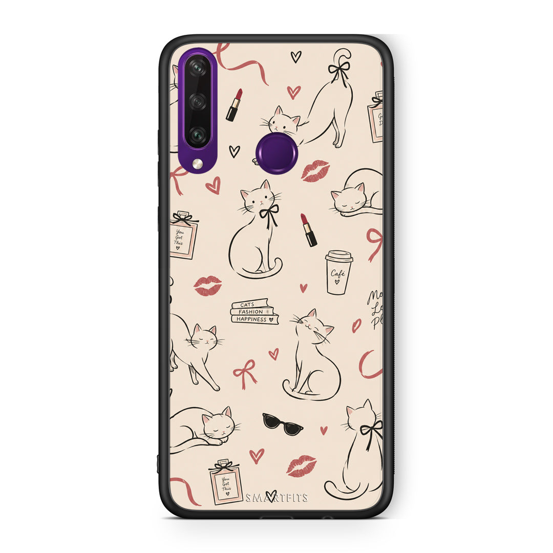 Θήκη Huawei Y6p Minimal Cat and Fashion Doodles on Cream από τη Smartfits με σχέδιο στο πίσω μέρος και μαύρο περίβλημα | Huawei Y6p Minimal Cat and Fashion Doodles on Cream case with colorful back and black bezels