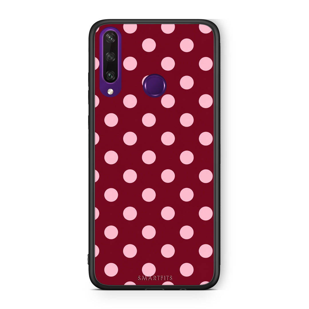 Θήκη Huawei Y6p Pink Polka Dots on Burgundy από τη Smartfits με σχέδιο στο πίσω μέρος και μαύρο περίβλημα | Huawei Y6p Pink Polka Dots on Burgundy case with colorful back and black bezels