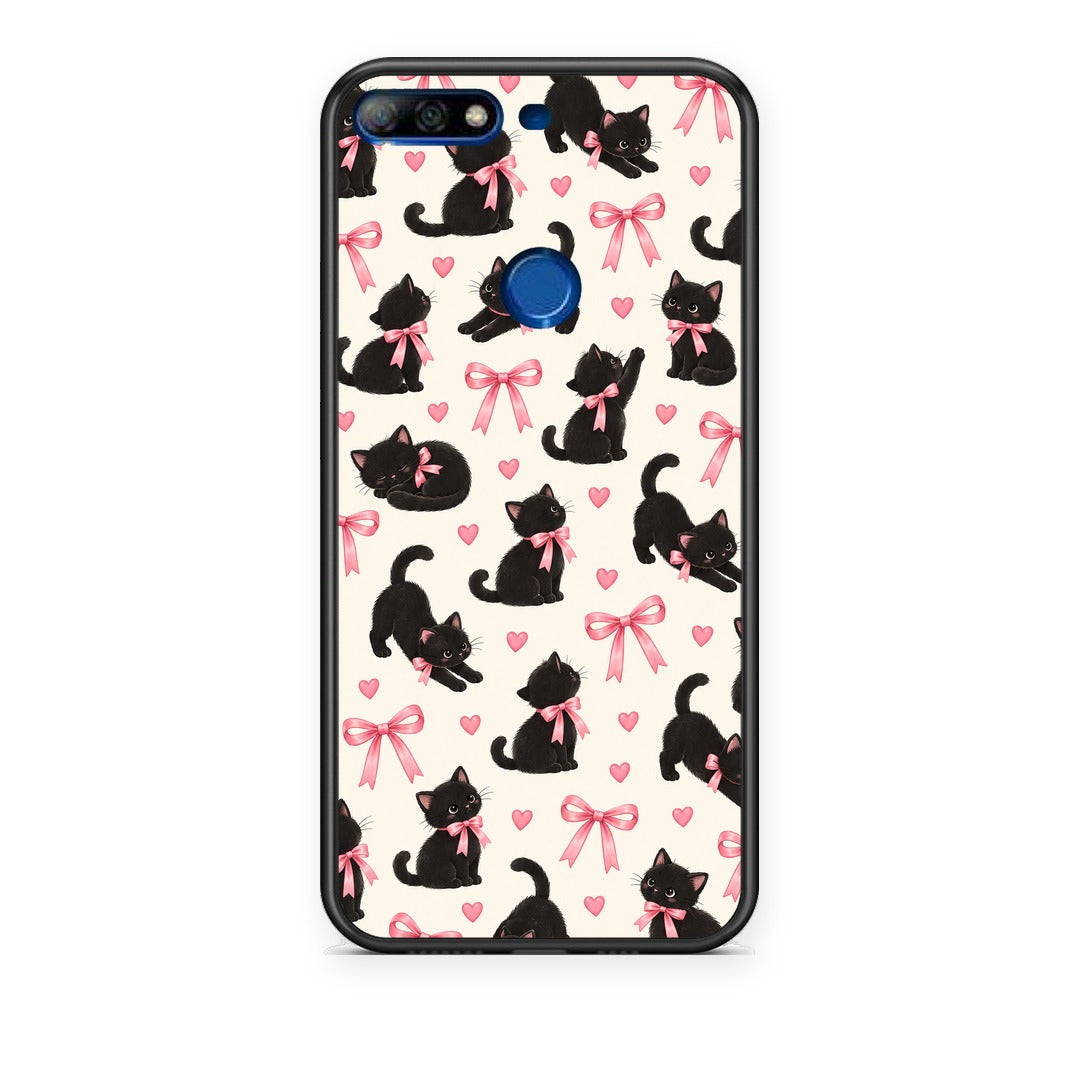 Θήκη Huawei Y7 2018 / Prime Y7 2018 / Honor 7C Black Kittens and Pink Bows on Cream Small από τη Smartfits με σχέδιο στο πίσω μέρος και μαύρο περίβλημα | Huawei Y7 2018 / Prime Y7 2018 / Honor 7C Black Kittens and Pink Bows on Cream Small case with colorful back and black bezels