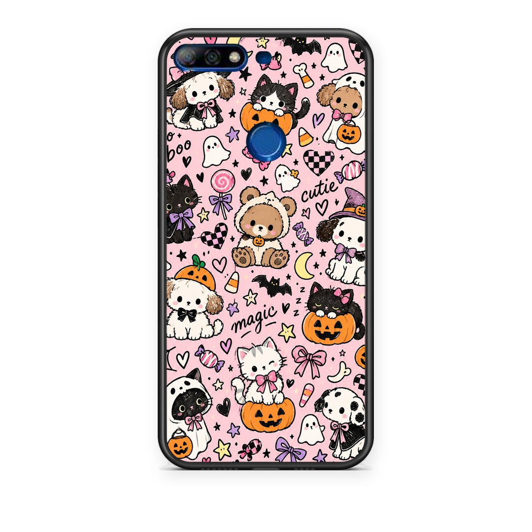 Θήκη Huawei Y7 2018 / Prime Y7 2018 / Honor 7C Halloween Cute Animals on Pink από τη Smartfits με σχέδιο στο πίσω μέρος και μαύρο περίβλημα | Huawei Y7 2018 / Prime Y7 2018 / Honor 7C Halloween Cute Animals on Pink case with colorful back and black bezels