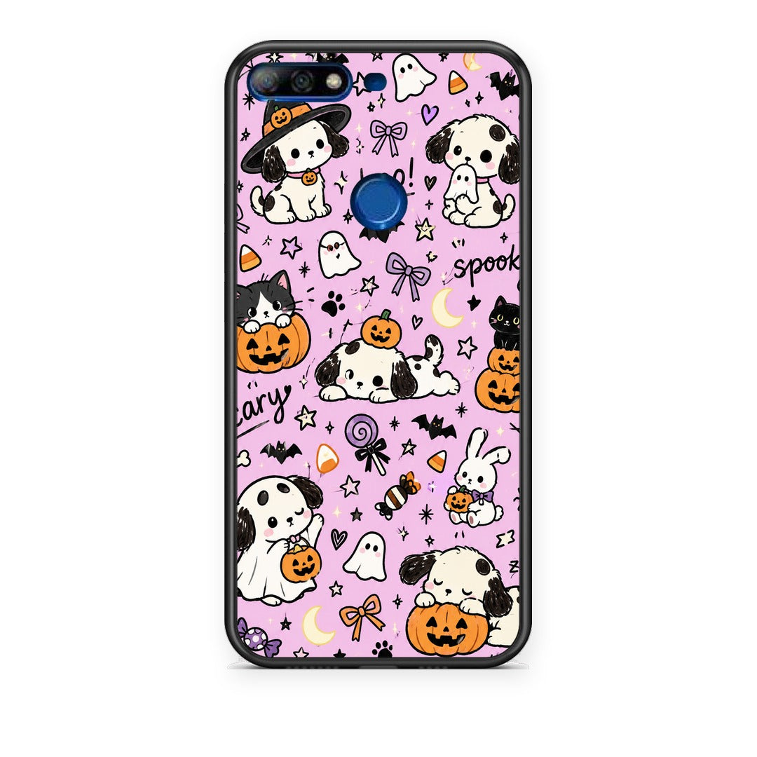Θήκη Huawei Y7 2018 / Prime Y7 2018 / Honor 7C Halloween Puppies and Friends on Lilac από τη Smartfits με σχέδιο στο πίσω μέρος και μαύρο περίβλημα | Huawei Y7 2018 / Prime Y7 2018 / Honor 7C Halloween Puppies and Friends on Lilac case with colorful back and black bezels