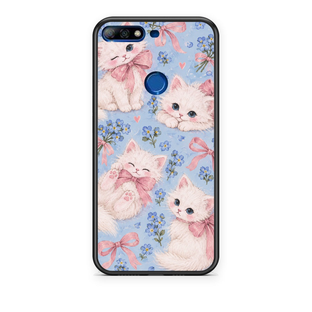 Θήκη Huawei Y7 2018 / Prime Y7 2018 / Honor 7C White Kittens and Blue Flowers Large από τη Smartfits με σχέδιο στο πίσω μέρος και μαύρο περίβλημα | Huawei Y7 2018 / Prime Y7 2018 / Honor 7C White Kittens and Blue Flowers Large case with colorful back and black bezels