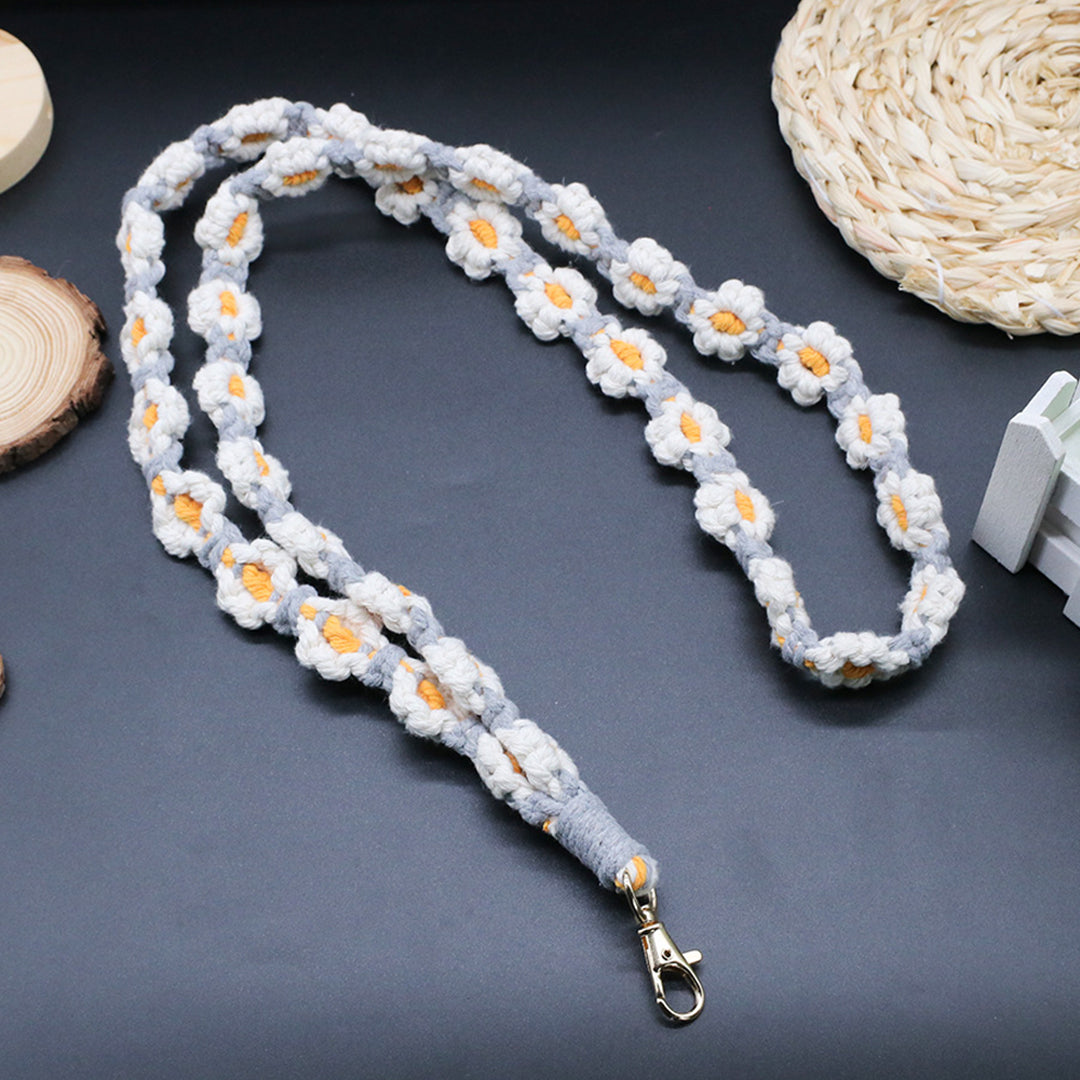 Macramé Floral Phone Strap Long Version Με 1 Γαντζάκι - Γκρι / Λευκό