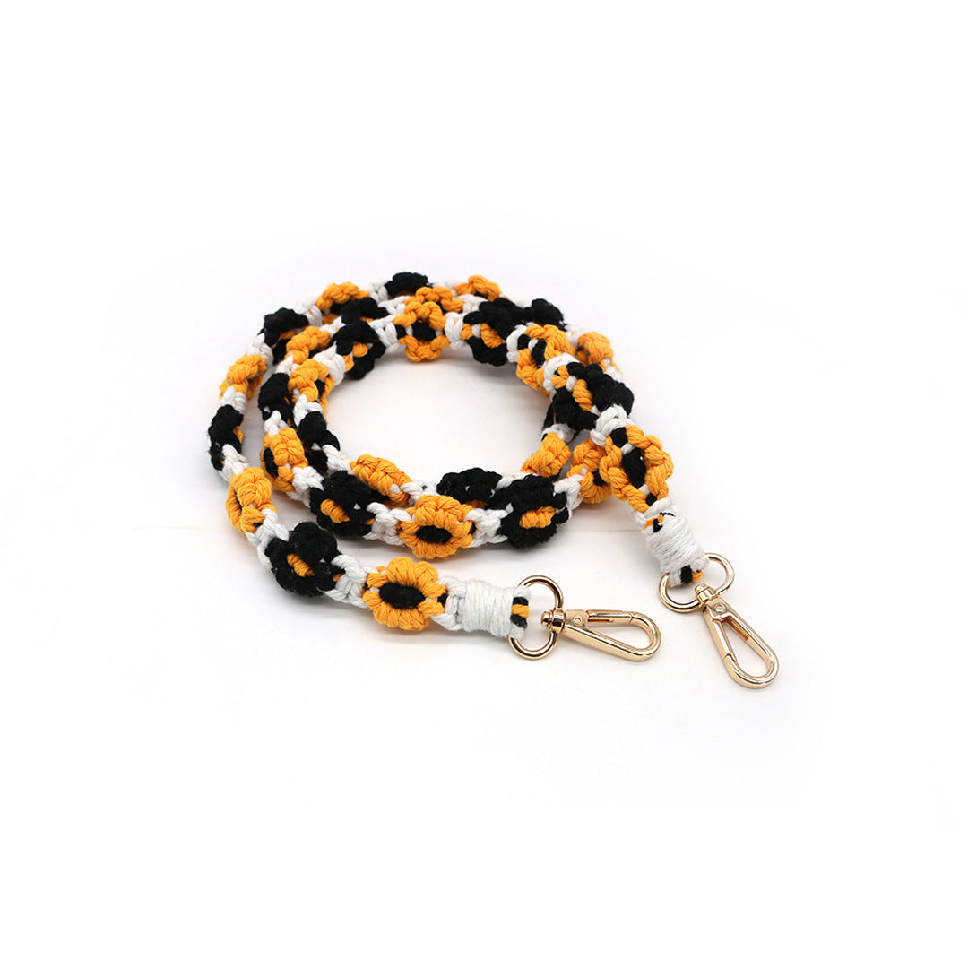 Macramé Floral Phone Strap Long Version Με 2 Γαντζάκια - Μαύρο / Λευκό / Πορτοκαλί