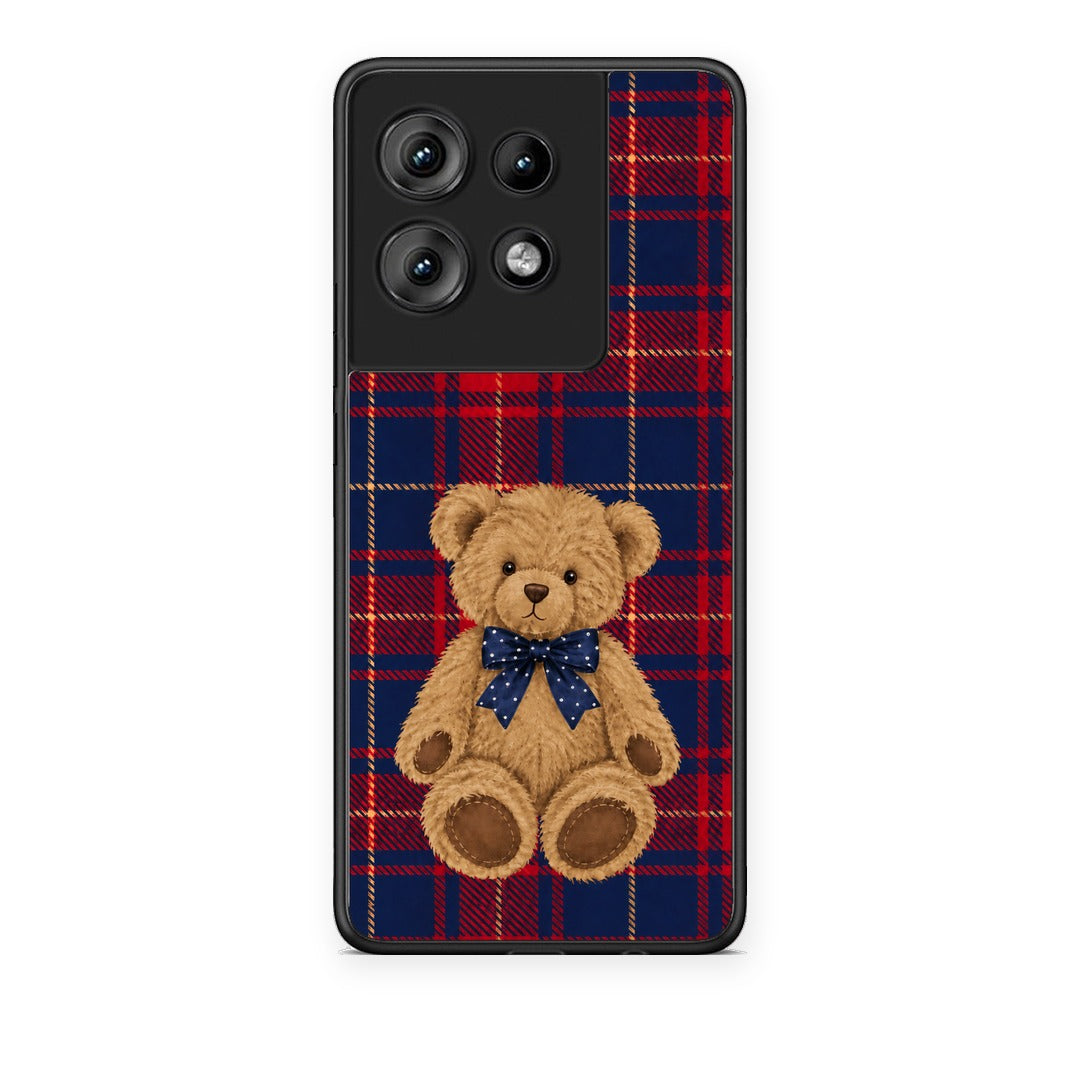 Θήκη Motorola Edge 50 Teddy Bear on Red and Navy Tartan από τη Smartfits με σχέδιο στο πίσω μέρος και μαύρο περίβλημα | Motorola Edge 50 Teddy Bear on Red and Navy Tartan case with colorful back and black bezels