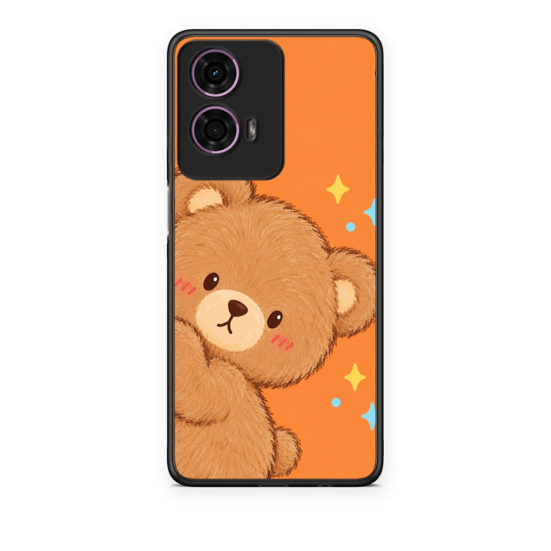 Θήκη Motorola G24 Peekaboo Teddy on Orange από τη Smartfits με σχέδιο στο πίσω μέρος και μαύρο περίβλημα | Motorola G24 Peekaboo Teddy on Orange case with colorful back and black bezels