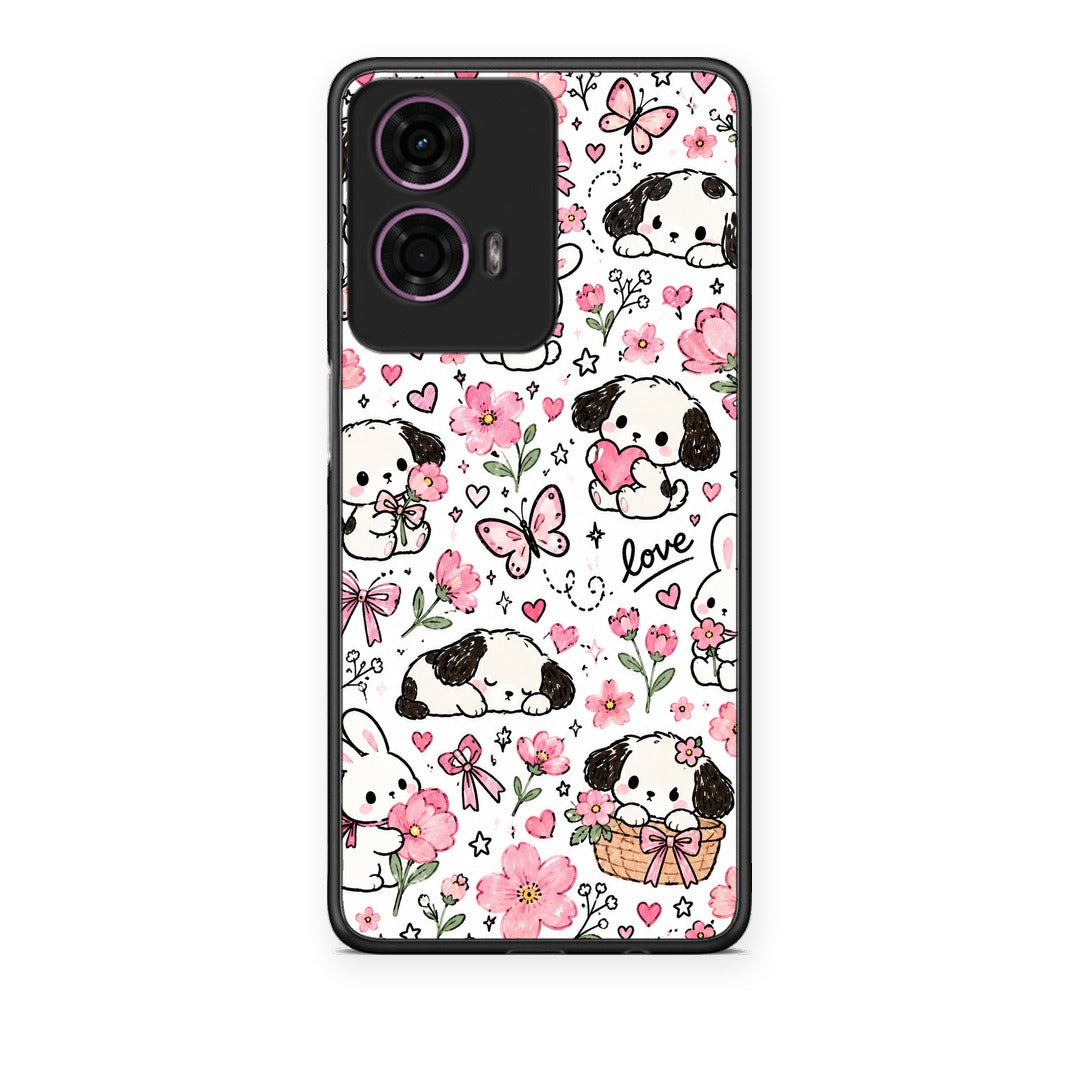 Θήκη Motorola G24 Pink Florals Puppies and Bunnies on White από τη Smartfits με σχέδιο στο πίσω μέρος και μαύρο περίβλημα | Motorola G24 Pink Florals Puppies and Bunnies on White case with colorful back and black bezels