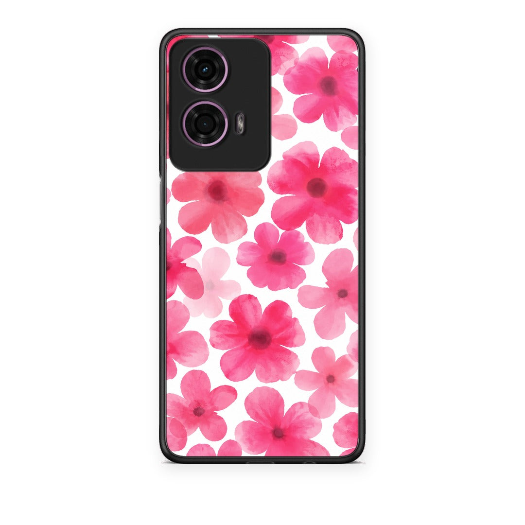 Θήκη Motorola G24 Pink Watercolour Flowers on White από τη Smartfits με σχέδιο στο πίσω μέρος και μαύρο περίβλημα | Motorola G24 Pink Watercolour Flowers on White case with colorful back and black bezels