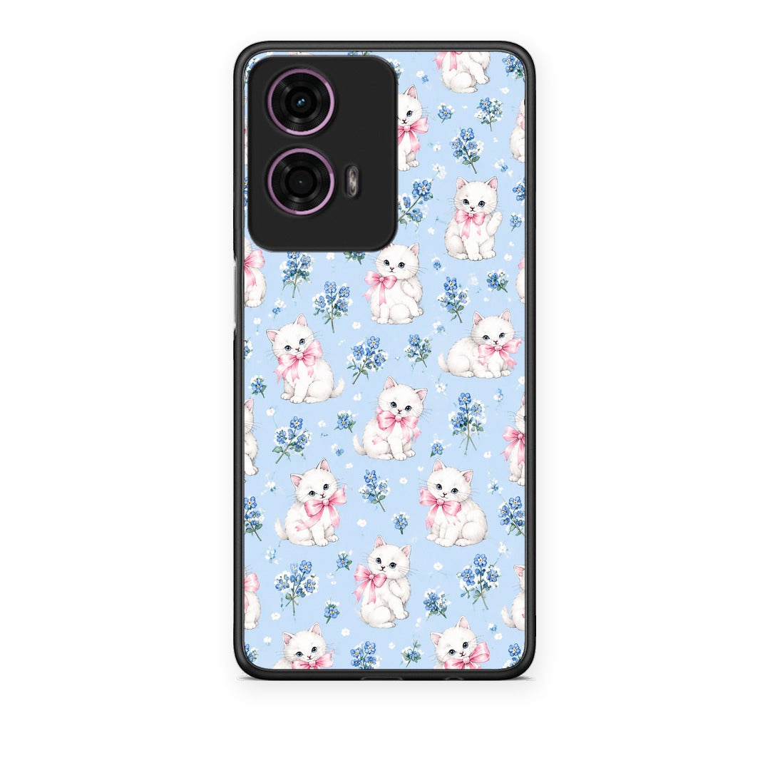 Θήκη Motorola G24 White Kittens and Blue Flowers Small από τη Smartfits με σχέδιο στο πίσω μέρος και μαύρο περίβλημα | Motorola G24 White Kittens and Blue Flowers Small case with colorful back and black bezels