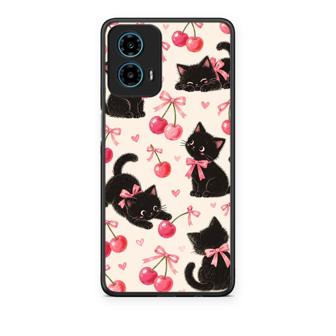 Θήκη Motorola G34 5G Black Kittens and Cherries on Cream από τη Smartfits με σχέδιο στο πίσω μέρος και μαύρο περίβλημα | Motorola G34 5G Black Kittens and Cherries on Cream case with colorful back and black bezels