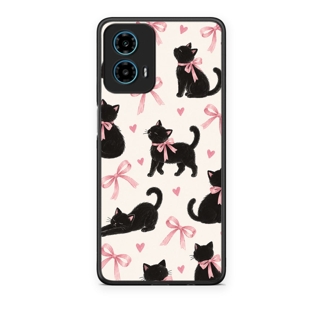 Θήκη Motorola G34 5G Black Kittens and Pink Bows on Cream Large από τη Smartfits με σχέδιο στο πίσω μέρος και μαύρο περίβλημα | Motorola G34 5G Black Kittens and Pink Bows on Cream Large case with colorful back and black bezels