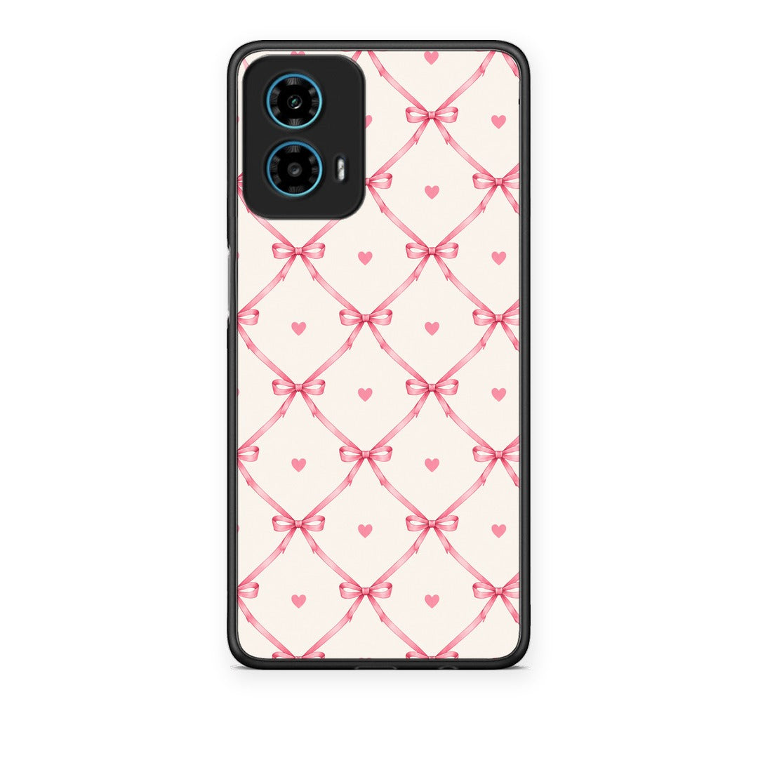 Θήκη Motorola G34 5G Pink Bow Lattice and Hearts on Cream από τη Smartfits με σχέδιο στο πίσω μέρος και μαύρο περίβλημα | Motorola G34 5G Pink Bow Lattice and Hearts on Cream case with colorful back and black bezels