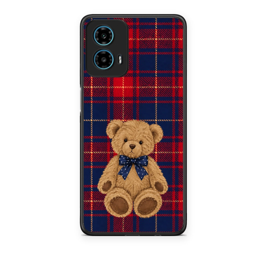 Θήκη Motorola G34 5G Teddy Bear on Red and Navy Tartan από τη Smartfits με σχέδιο στο πίσω μέρος και μαύρο περίβλημα | Motorola G34 5G Teddy Bear on Red and Navy Tartan case with colorful back and black bezels