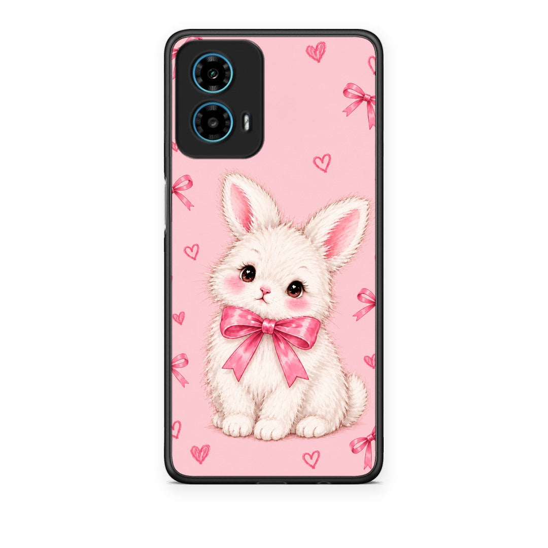Θήκη Motorola G34 5G White Bunny and Pink Bows από τη Smartfits με σχέδιο στο πίσω μέρος και μαύρο περίβλημα | Motorola G34 5G White Bunny and Pink Bows case with colorful back and black bezels