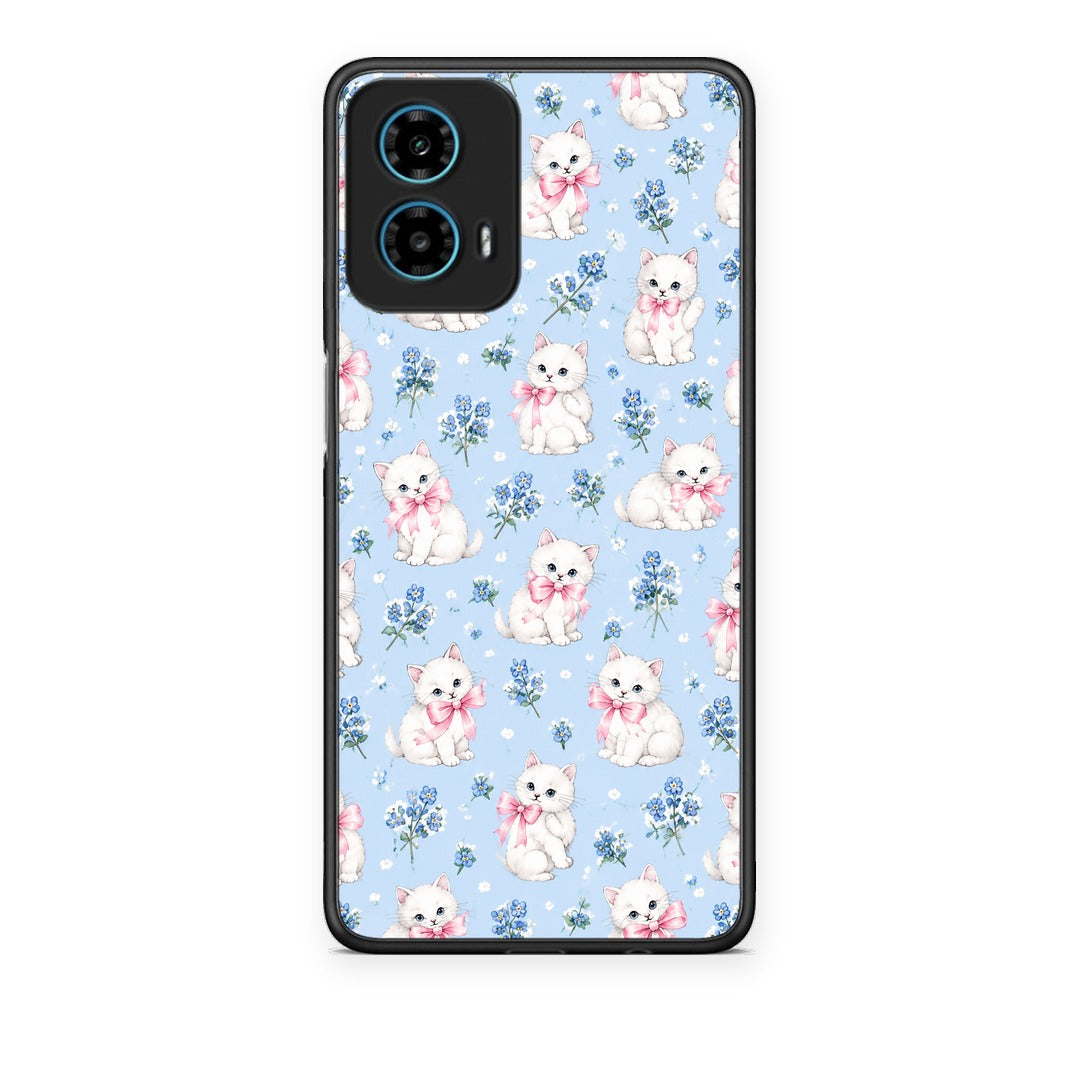 Θήκη Motorola G34 5G White Kittens and Blue Flowers Small από τη Smartfits με σχέδιο στο πίσω μέρος και μαύρο περίβλημα | Motorola G34 5G White Kittens and Blue Flowers Small case with colorful back and black bezels