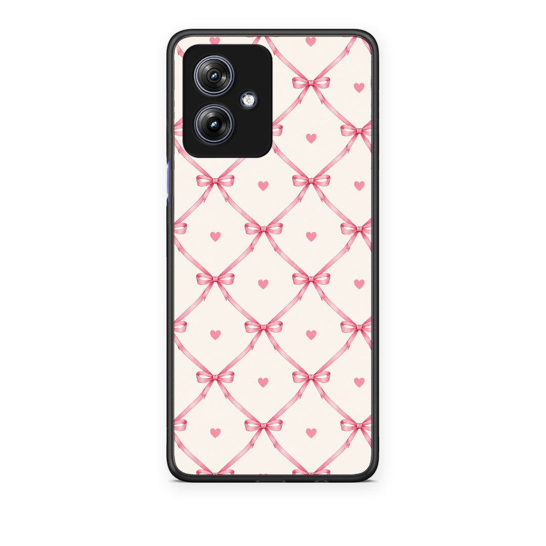 Θήκη Motorola Moto G54 Pink Bow Lattice and Hearts on Cream από τη Smartfits με σχέδιο στο πίσω μέρος και μαύρο περίβλημα | Motorola Moto G54 Pink Bow Lattice and Hearts on Cream case with colorful back and black bezels