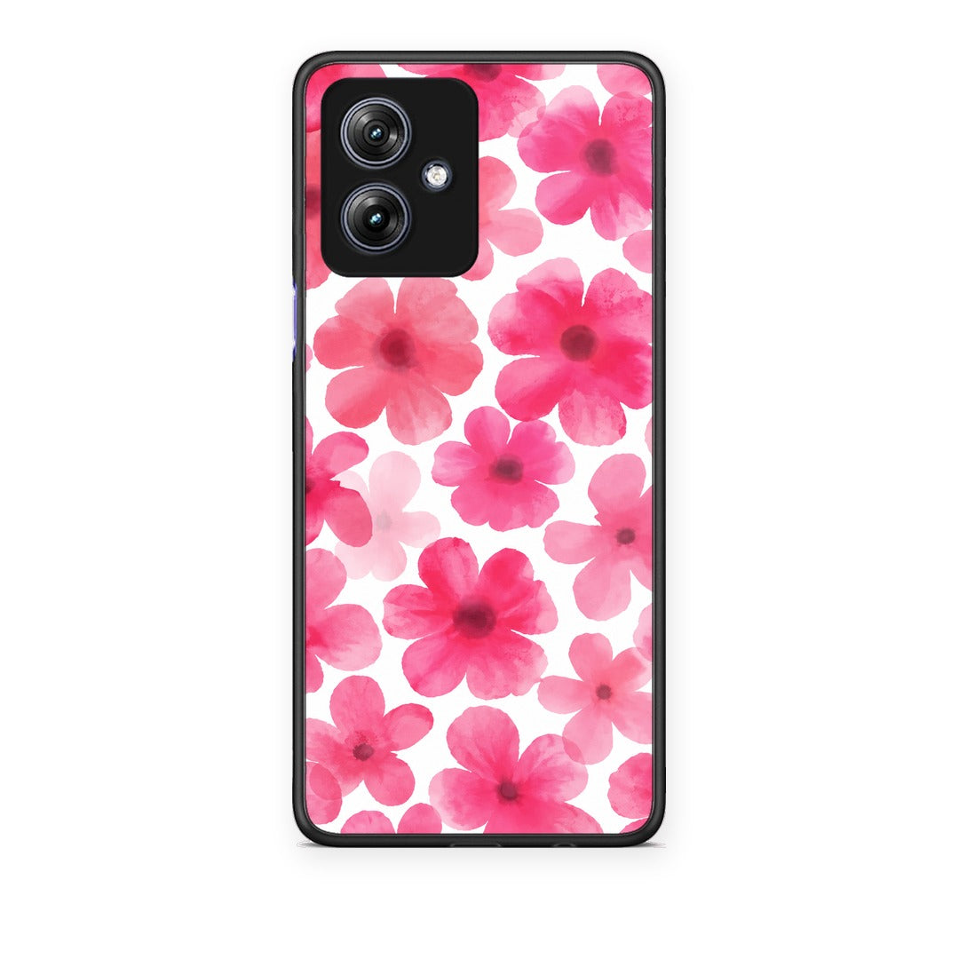 Θήκη Motorola Moto G54 Pink Watercolour Flowers on White από τη Smartfits με σχέδιο στο πίσω μέρος και μαύρο περίβλημα | Motorola Moto G54 Pink Watercolour Flowers on White case with colorful back and black bezels