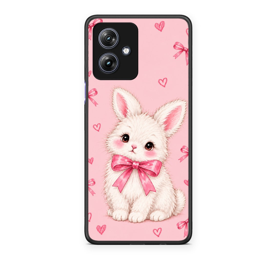 Θήκη Motorola Moto G54 White Bunny and Pink Bows από τη Smartfits με σχέδιο στο πίσω μέρος και μαύρο περίβλημα | Motorola Moto G54 White Bunny and Pink Bows case with colorful back and black bezels
