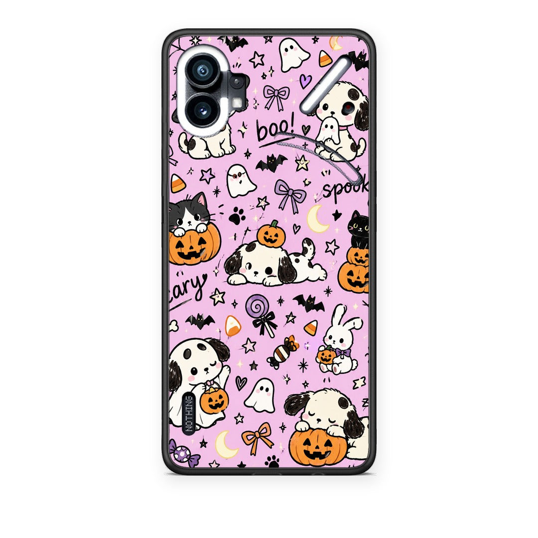 Θήκη Nothing Phone 1 Halloween Puppies and Friends on Lilac από τη Smartfits με σχέδιο στο πίσω μέρος και μαύρο περίβλημα | Nothing Phone 1 Halloween Puppies and Friends on Lilac case with colorful back and black bezels