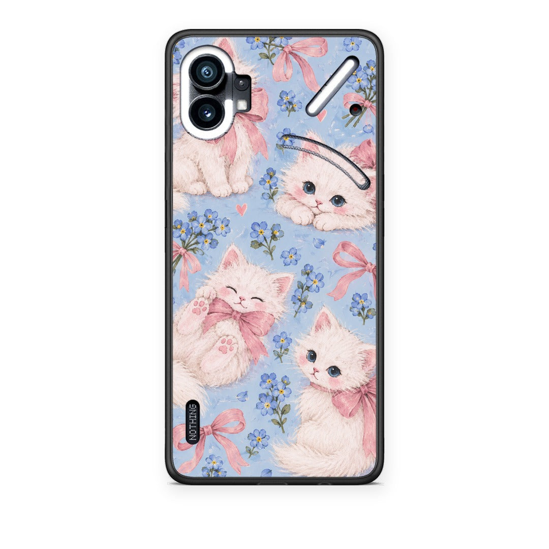 Θήκη Nothing Phone 1 White Kittens and Blue Flowers Large από τη Smartfits με σχέδιο στο πίσω μέρος και μαύρο περίβλημα | Nothing Phone 1 White Kittens and Blue Flowers Large case with colorful back and black bezels
