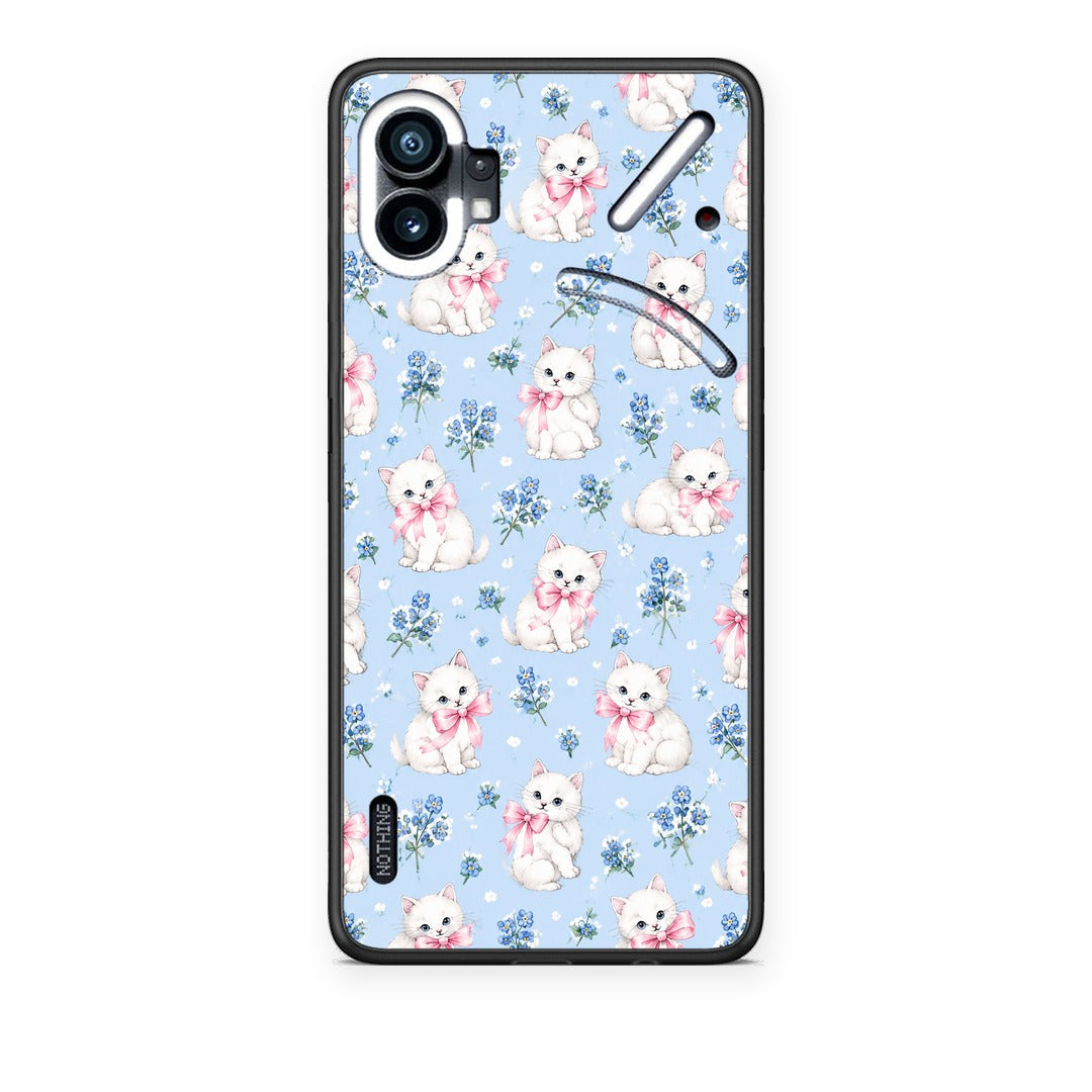 Θήκη Nothing Phone 1 White Kittens and Blue Flowers Small από τη Smartfits με σχέδιο στο πίσω μέρος και μαύρο περίβλημα | Nothing Phone 1 White Kittens and Blue Flowers Small case with colorful back and black bezels