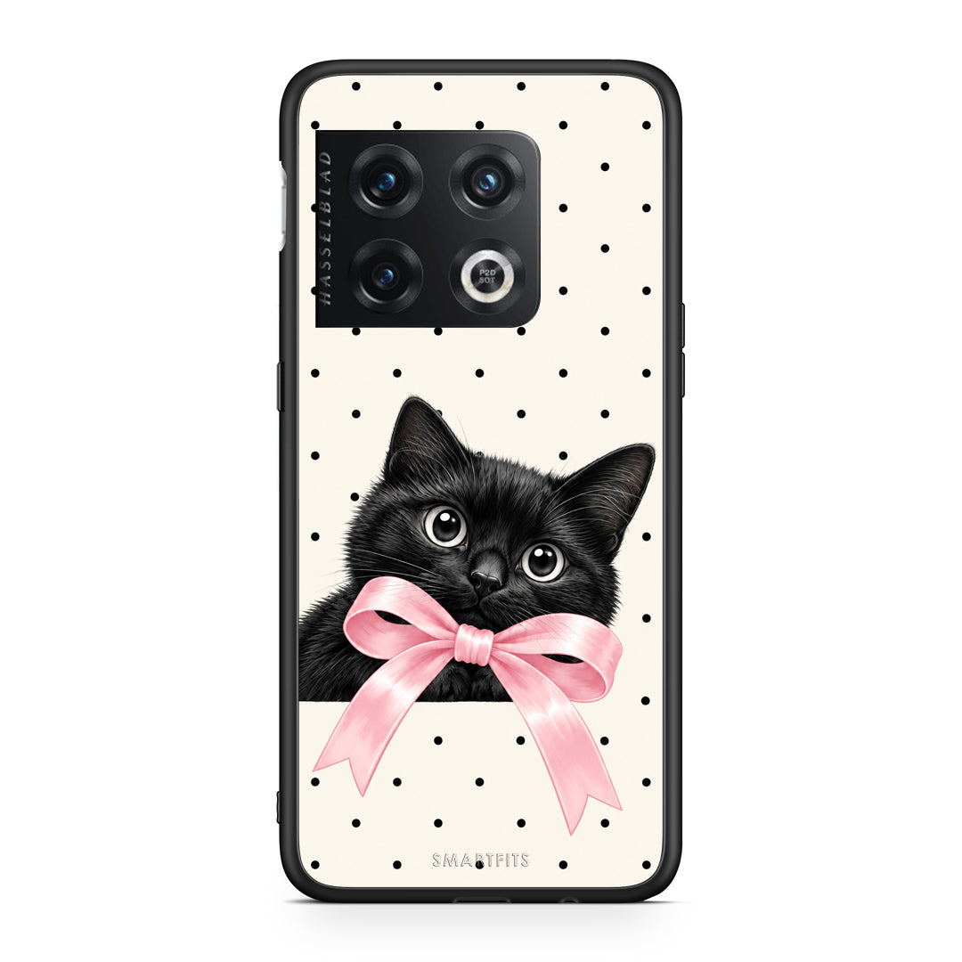 Θήκη OnePlus 10 Pro Black Kitten Pink Bow and Polka Dots από τη Smartfits με σχέδιο στο πίσω μέρος και μαύρο περίβλημα | OnePlus 10 Pro Black Kitten Pink Bow and Polka Dots case with colorful back and black bezels