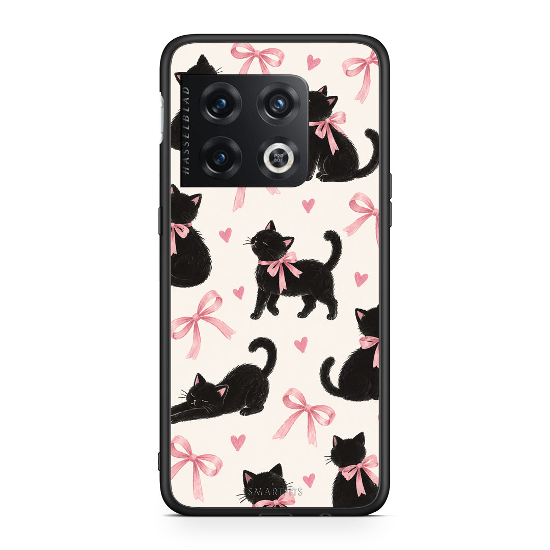 Θήκη OnePlus 10 Pro Black Kittens and Pink Bows on Cream Large από τη Smartfits με σχέδιο στο πίσω μέρος και μαύρο περίβλημα | OnePlus 10 Pro Black Kittens and Pink Bows on Cream Large case with colorful back and black bezels