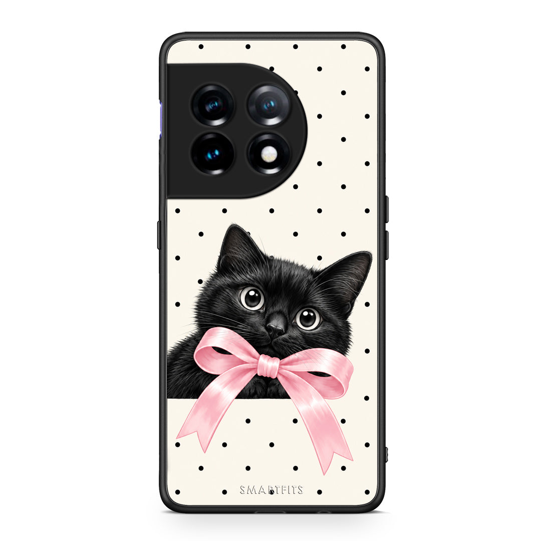 Θήκη OnePlus 11 5G Black Kitten Pink Bow and Polka Dots από τη Smartfits με σχέδιο στο πίσω μέρος και μαύρο περίβλημα | OnePlus 11 5G Black Kitten Pink Bow and Polka Dots case with colorful back and black bezels