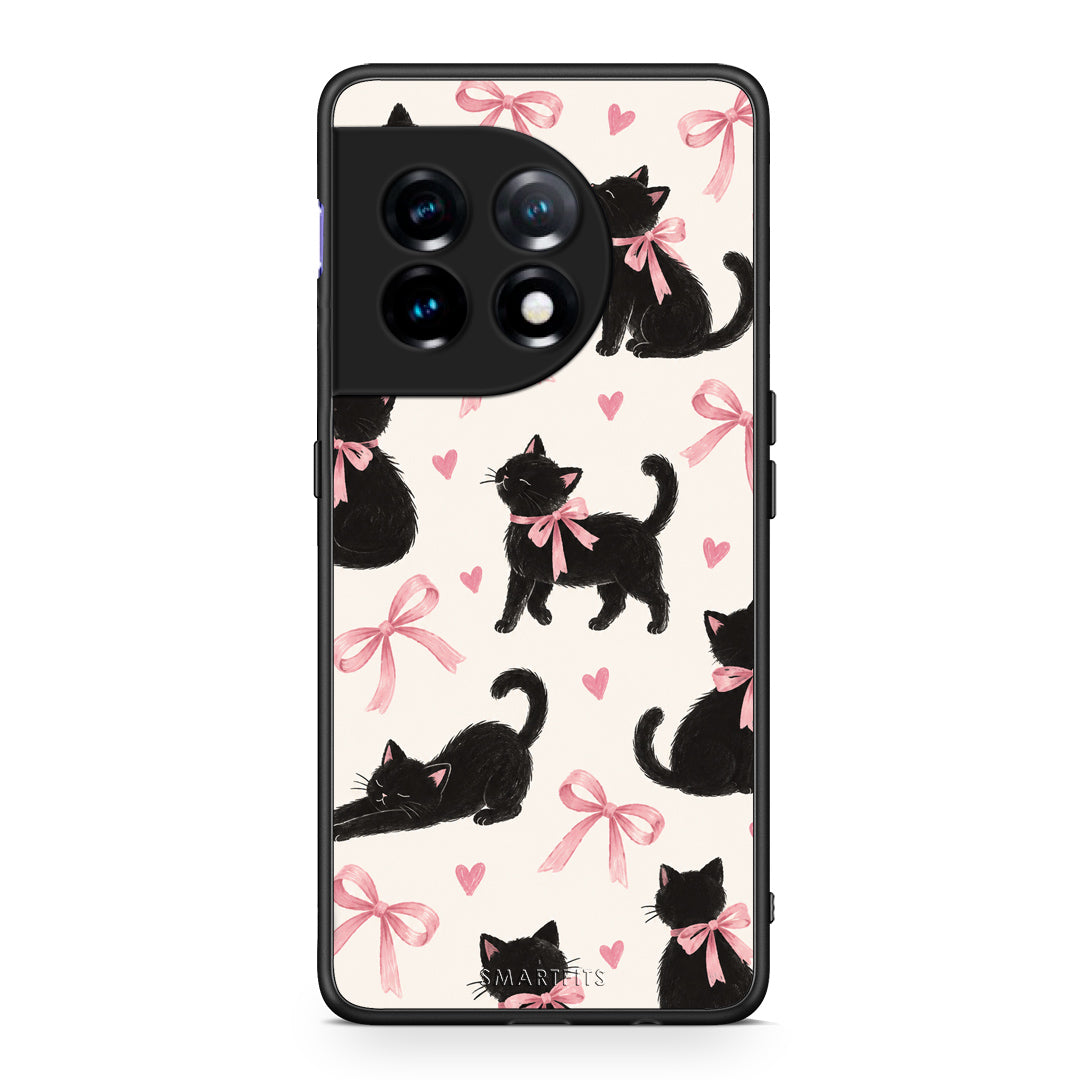Θήκη OnePlus 11 5G Black Kittens and Pink Bows on Cream Large από τη Smartfits με σχέδιο στο πίσω μέρος και μαύρο περίβλημα | OnePlus 11 5G Black Kittens and Pink Bows on Cream Large case with colorful back and black bezels